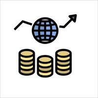 A globe and a stack of coins with an arrow pointing up vector