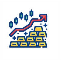 Gold bar chart icon with arrows and a graph vector