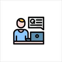 A man sitting at a desk with a laptop and a question mark vector