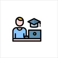 A man sitting at a desk with a laptop and a graduation cap vector