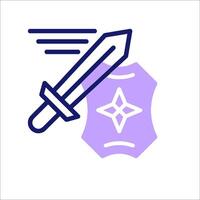 A purple and white icon with a sword and shield vector
