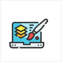 A laptop with a paintbrush and a stack of paper vector