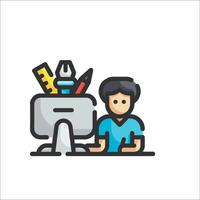 A man sitting at a computer with a computer mouse and other tools vector
