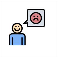 A man is talking to a speech bubble with a sad face vector