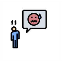 A man is standing next to a speech bubble with a crying face vector
