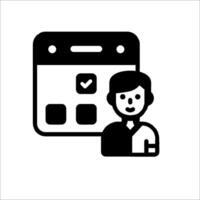A black and white icon of a man with a calendar vector