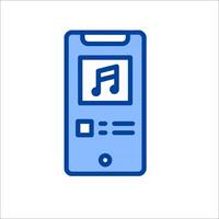 A blue and white icon of a cell phone with music notes vector