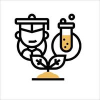 A black and white icon of a man holding a plant and a flask vector