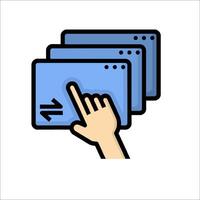 Hand pointing at a computer screen with a mouse cursor vector