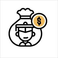 A black and white icon of a man holding a bag with a dollar sign vector