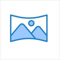 A blue and white icon with a mountain and sun vector