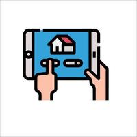 A hand holding a tablet with a house on it vector