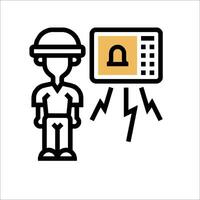 A man in a hard hat is holding a computer monitor vector