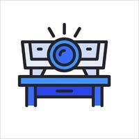 A projector on a desk with a light shining on it vector