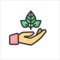 A hand holding a plant icon vector