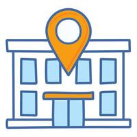 building with gps mark illustration graphic design in blue and orange. Location color icon. vector