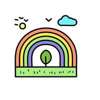 rainbow color icon with green tree, meadow, sun, clouds and bird illustration. vector