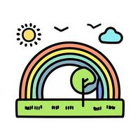 Rainbow color icon with tree, meadow, clouds, sun and birds illustration. vector