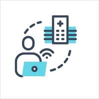 A person with a laptop and a remote control icon vector
