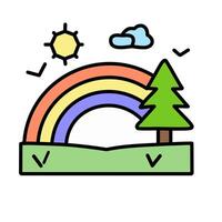 Rainbow icon with tree meadow, birds, sun and clouds illustration vector