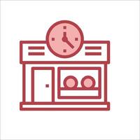 A red line icon of a store with a clock on the front vector