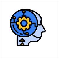 A blue and yellow icon of a person's head with gears inside vector