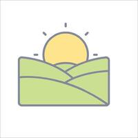 A flat line icon of a field with a sun behind it vector