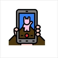 A person holding up a phone with a pink rabbit on it vector