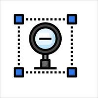 A magnifying glass is shown in a square vector