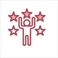 A red icon of a person holding up five stars vector