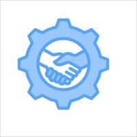 A blue gearwheel with two hands shaking hands vector