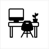 A black and white icon of a desk and computer vector