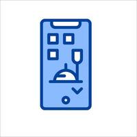 A blue icon of a phone with a fork and knife vector
