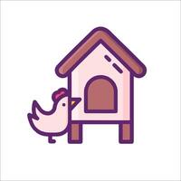 A chicken is standing next to a house with a bird inside vector