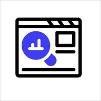 A blue and white icon of a computer screen with a magnifying glass vector