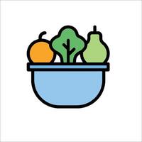A bowl of fruit and vegetables in a flat line vector