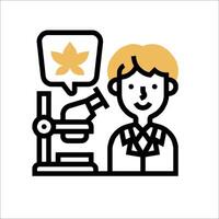 A man in a lab coat is looking at a microscope vector