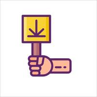A hand holding a sign with an arrow pointing down vector