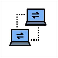 Two laptops connected to each other with arrows vector