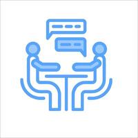 A blue line icon of two people sitting at a table vector