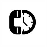 A black and white icon of a phone and clock vector