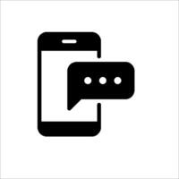 A black and white icon of a phone with a speech bubble vector