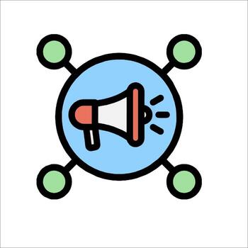 A megaphone icon with four circles around it vector