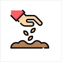 A hand is pouring seeds into a dirt pile vector