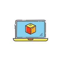 laptop computer with cube icon over white background, half line half color style illustration vector