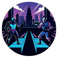 Two men in futuristic costumes standing in front of a city vector