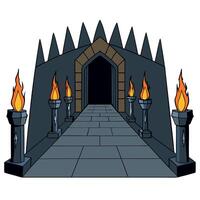 An entrance to a castle with torches and pillars vector