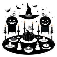 Halloween table with pumpkins and candles vector