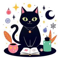 Black cat with book and moon on table vector