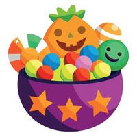 A halloween candy bowl with candy and a pumpkin vector